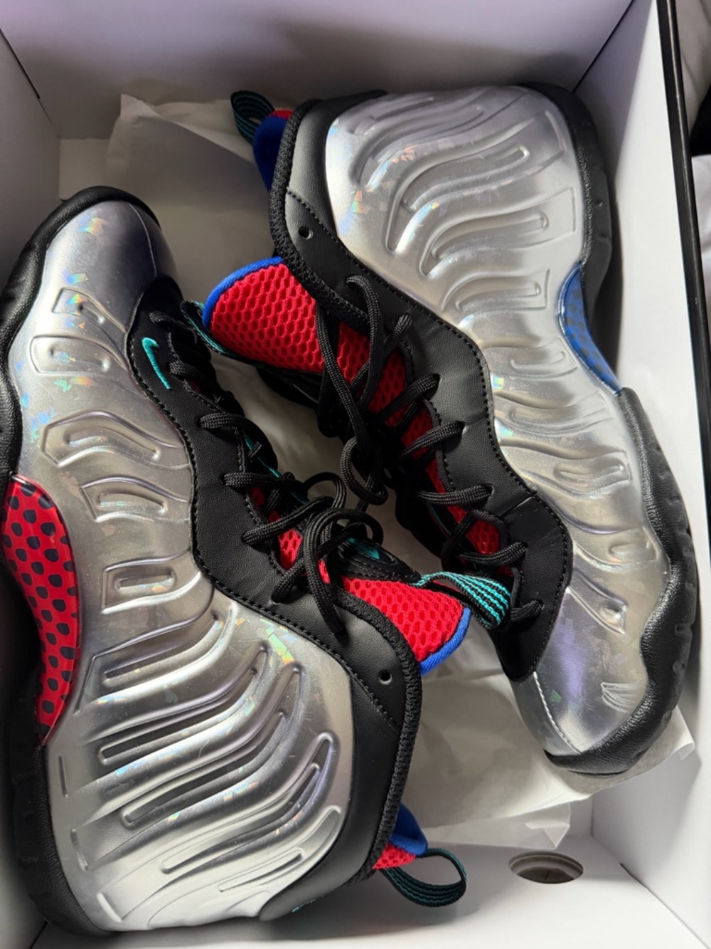 Nike Kids' Silver Foamposite Sneakers with Black, Red & Blue Accents wms sz 8